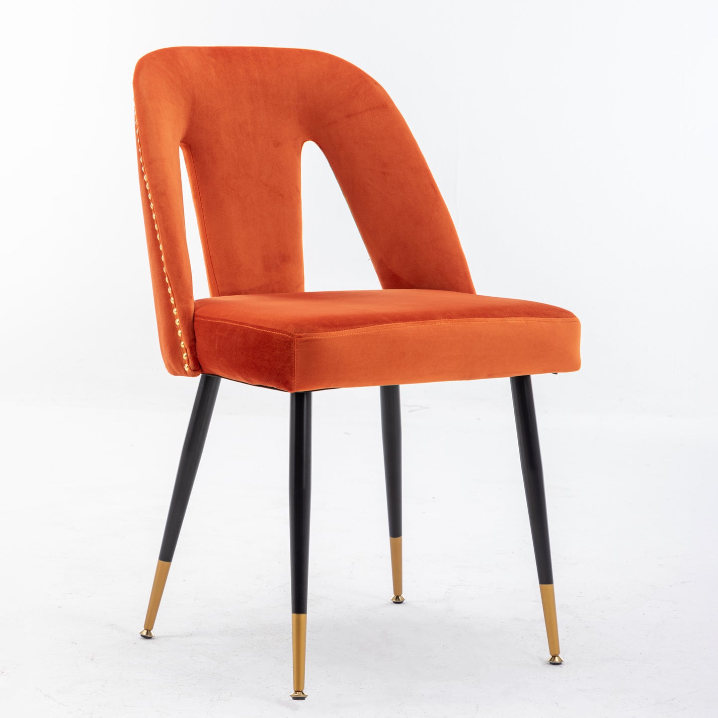 A&A Furniture,Akoya Collection Modern | Contemporary Velvet Upholstered Dining Chair with Nailheads and Gold Tipped Black Metal Legs, Orange，Set of 2