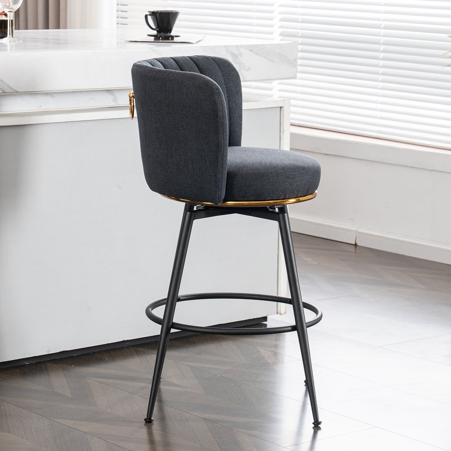 Set of 2 Gray Swivel Bar Stools - High-Back, Adjustable, Upholstered with Elegant Metal Back Accents for Kitchen, Bar, or Dining Room