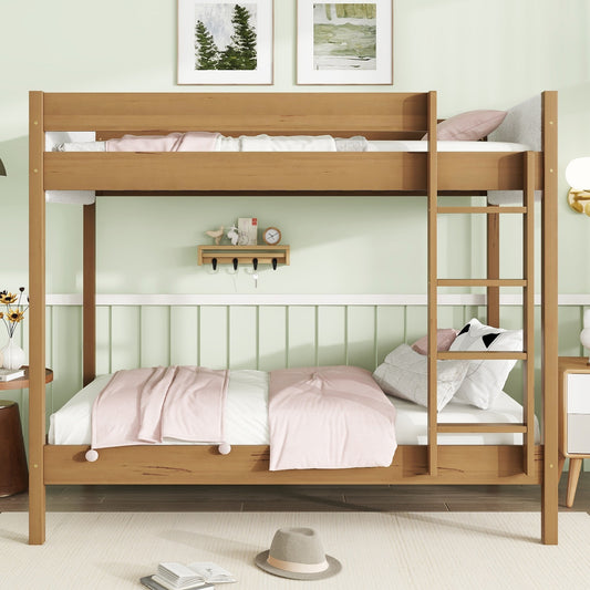 Twin Over Twin Bunk Bed, Upholstered Bunk Bed Frame with Ladder, Safety Guardrails,Rubber Wooden,Teddy Fleece Fabric Headboard/Footboard ,Natural SolidRoot Buy Furniture USA