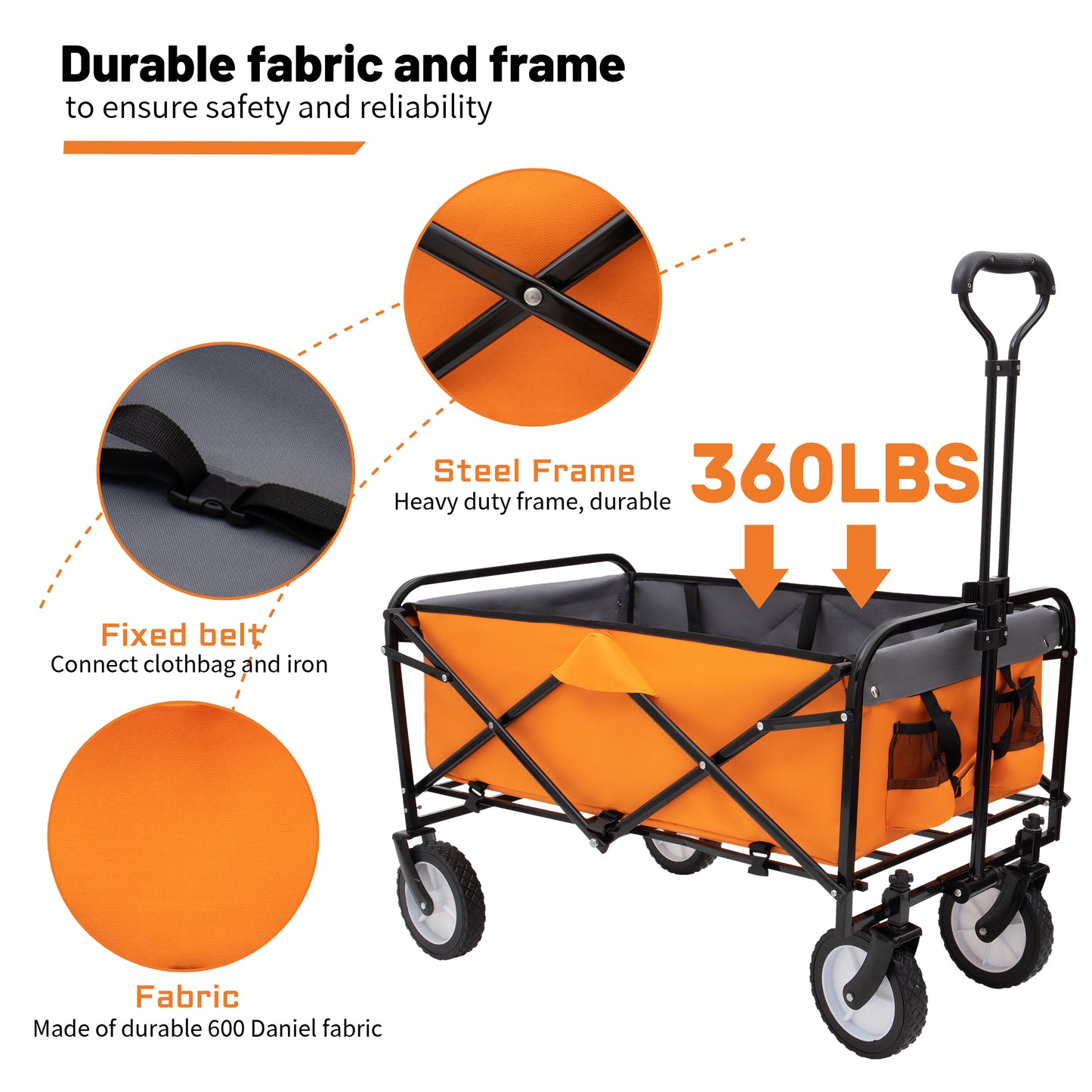 Collapsible Foldable Wagon Cart with strapping system Beach Wagon Utility Cart Utility Wagon Grocery Cart for for Camping Shopping Sports Gardeing Fishing Supports 360lbs All-Terrain Wheels orange