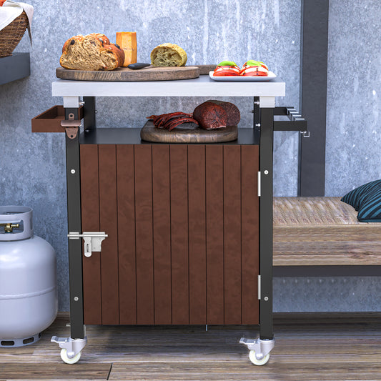 Outdoor Grill Cart with Stainless Steel Tabletop, Storage, Patio Kitchen Island with Wheels, Hooks, and Spice Rack, Waterproof Outdoor Grill Table, Movable BBQ Serving Cart Rolling Bar Cart SolidRoot Buy Furniture USA