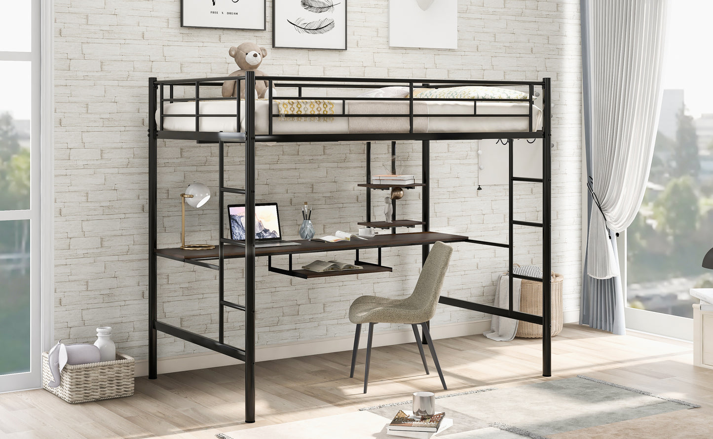 Loft Bed with Desk and Shelf , Space Saving Design,Full,Black(OLD SKU:MF199506AAB)