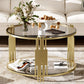 Modern Glass Coffee Table in 31.5", Asymmetrical Metal, Circular Metal Drum Base, Gold Finish & Lower Shelf Livingsource