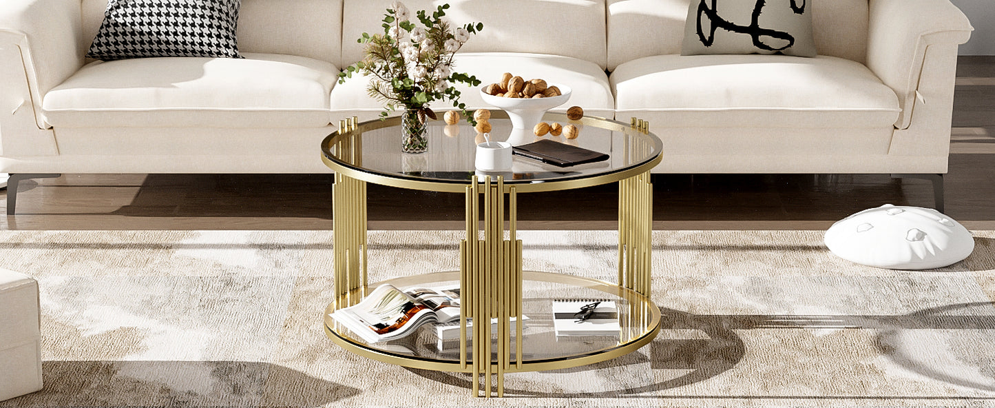 Modern Glass Coffee Table in 31.5", Asymmetrical Metal, Circular Metal Drum Base, Gold Finish & Lower Shelf