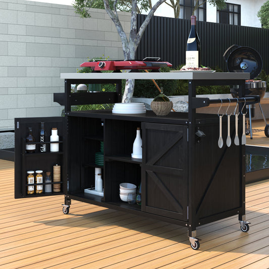 K&K Outdoor Kitchen Island, Rolling Bar Cart & Storage Cabinet, Farmhouse Solid Wood Outdoor Grill Table with Stainless Steel Top, Spice Rack , Towel Rack for Kitchen & Barbecue, Black SolidRoot Buy Furniture USA