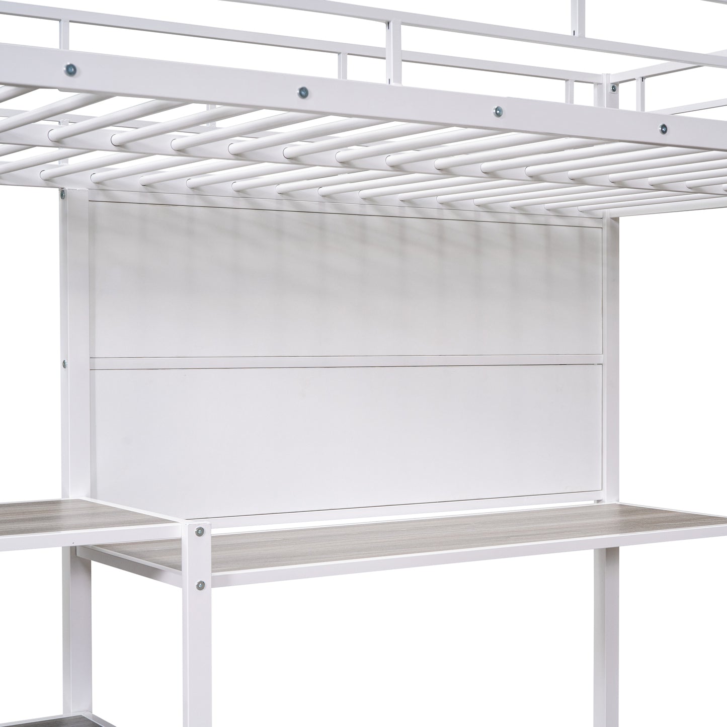 Twin Size Loft Bed with Desk and Whiteboard, Metal Loft Bed with 3 Shelves and Ladder, White