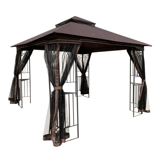 10 x 10 ft Patio Gazebo Tent with Ventilated Double Roof and Mosquito Net, Brown Canopy for Backyard or Garden SolidRoot Buy Furniture USA