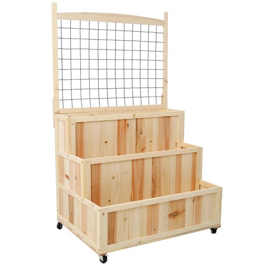 3-Tiers Raised Garden Bed with Trellis, 53' H Vertical Planter Box with Wheels & Back Storage Area, for Flowers, Vegetables, Herbs, Natural Livingsource