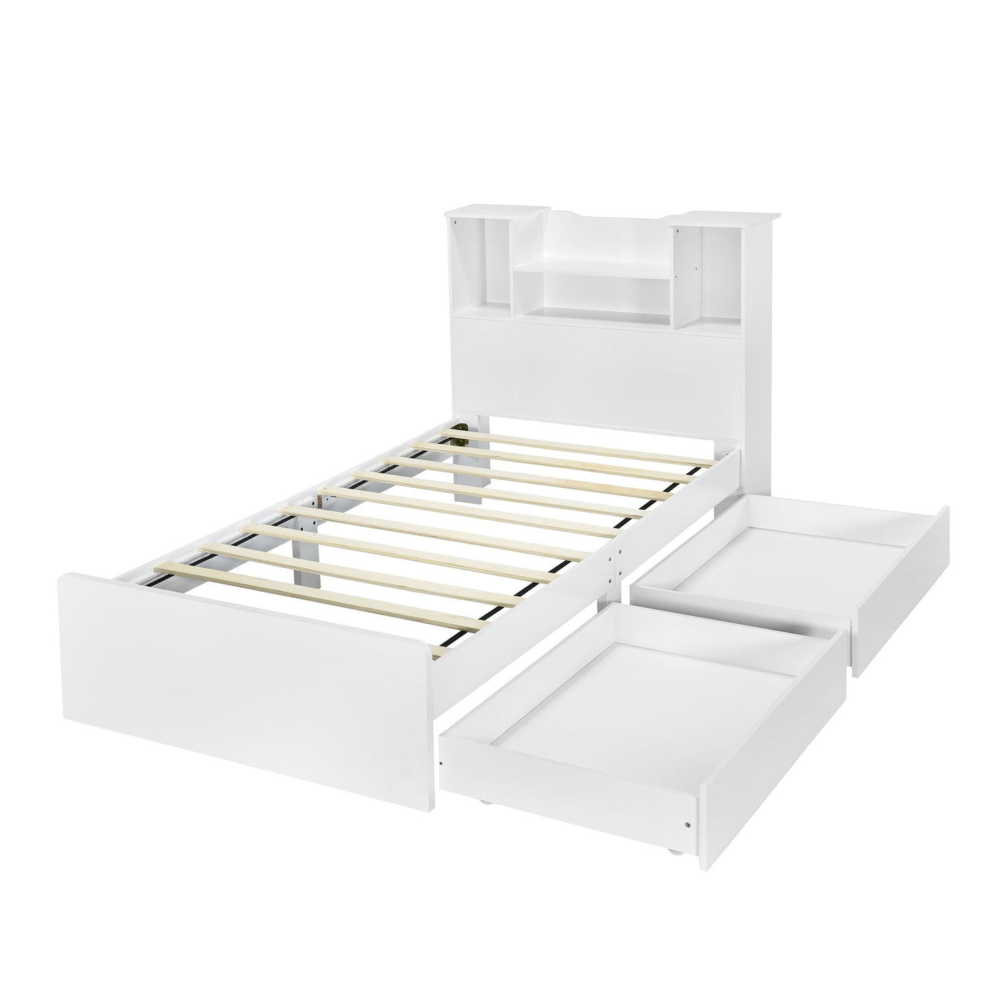 Twin Size Storage Platform Bed Frame with 4 Open Storage Shelves and 2 Storage Drawers,LED Light,White