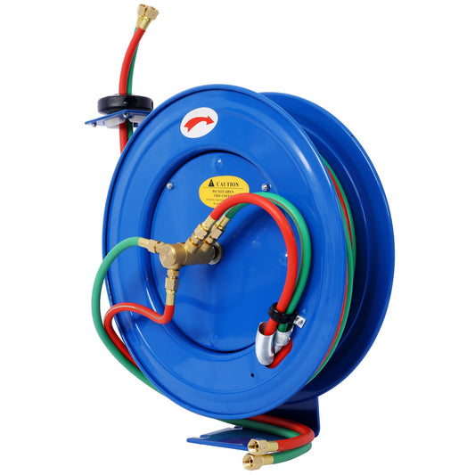 Welding Hose Reel Retractable 1/4 Inch x 50Foot Twin Oxygen Acetylene Rubber Hoses STD Duty Max 200PSI Heavy Duty Industrial Single Arm Construction Livingsource