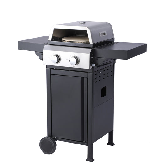 2-Burner Propane Gas BBQ Grill, Pizza Box, 24600BTU Output With Wire Enamel Cooking Grids For Outdoor Barbecue, Foldable Side Table, Hanging Basket, Stainless Steel SolidRoot Buy Furniture USA