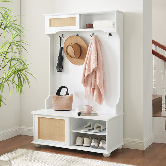 Clothes hanger Hall Tree Storage Bench Shoe Rack for Entryway, Hall Tree with Bench and Shoe Storage, Hall Tree Entryway Bench with Rattan Door White, 40.16'W*18.58'D*64.17'H