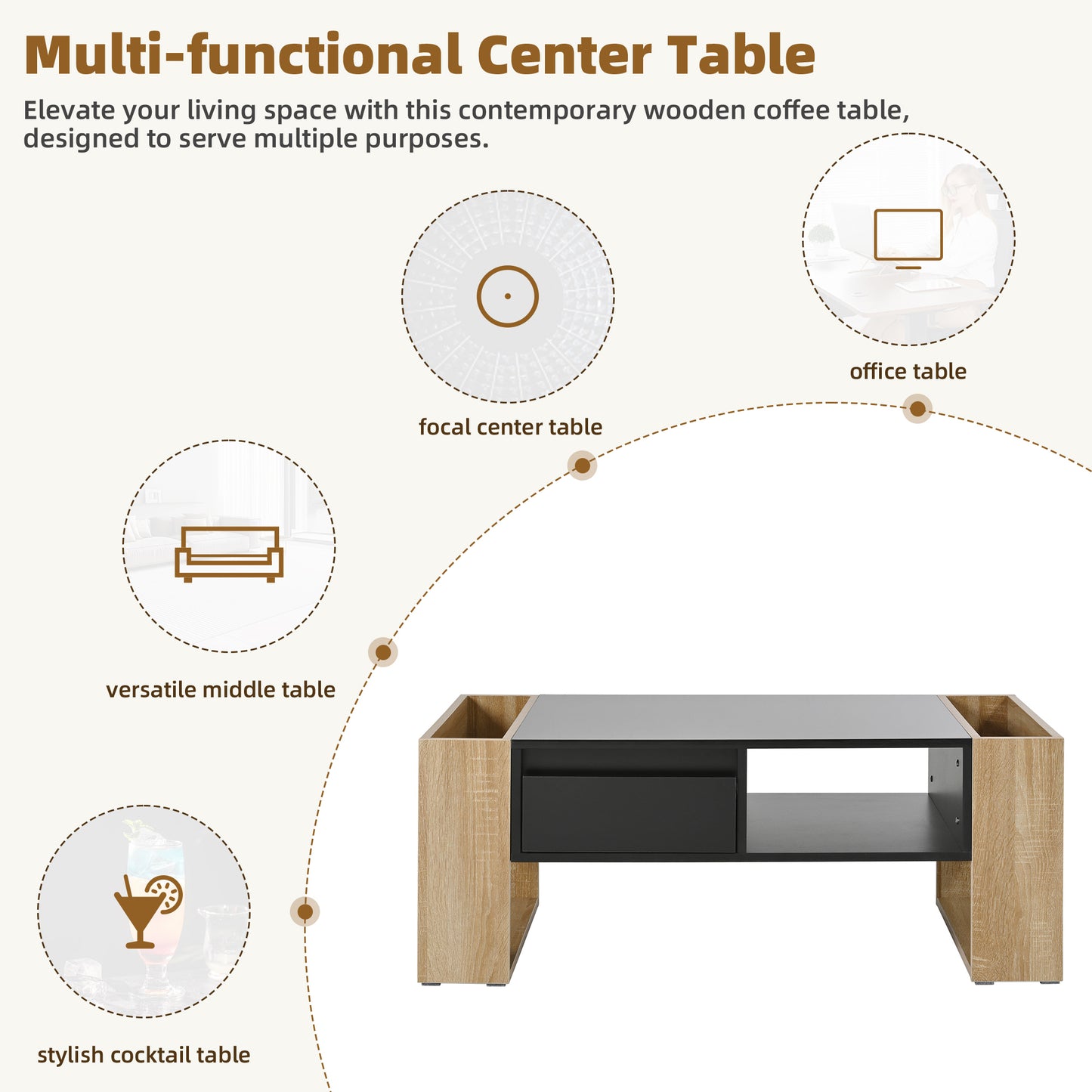 ON-TREND High Glossy Coffee Table with 2 Drawers, Practical Two Tone Center Table with Hidden Compartments, Rectangle Cocktail Table with Open Storage Shelf for Living Room, Bedroom, Black, 41.3*23.6"