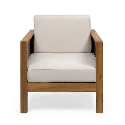 Outdoor Acacia Wood Club Chair with Wicker Accents, Teak Finish + Mixed Brown + Beige, 30.25'D x 27.5'W x 23.75'H SolidRoot Buy Furniture USA