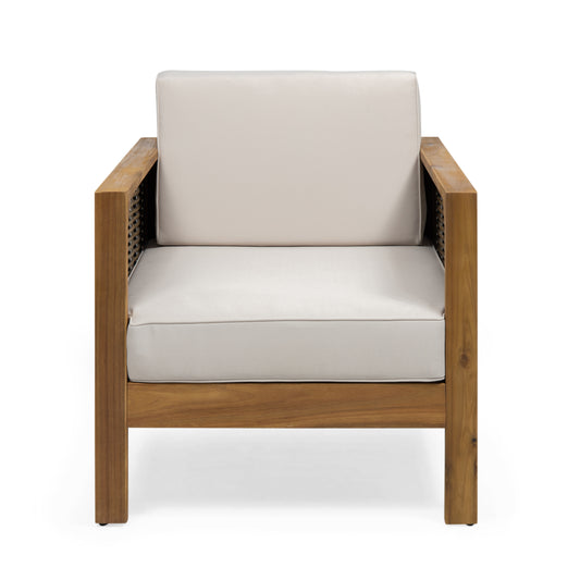 Outdoor Acacia Wood Club Chair with Wicker Accents, Teak Finish + Mixed Brown + Beige, 30.25'D x 27.5'W x 23.75'H SolidRoot Buy Furniture USA