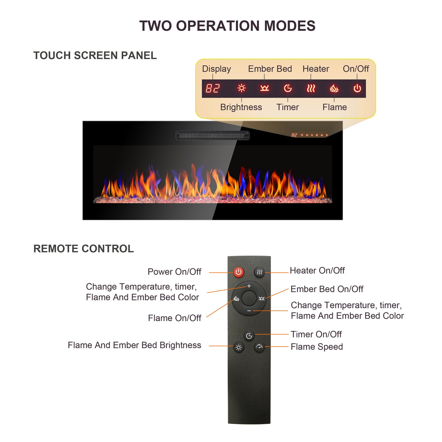 36 inch recessed ultra thin tempered glass front wall mounted electric fireplace with remote and multi color flame & emberbed, LED light heater