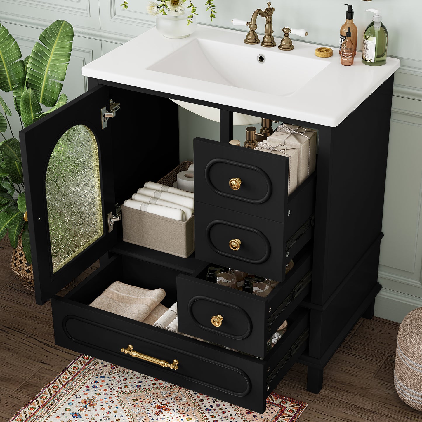 30' Bathroom Vanity with Sink, Free Standing Single Vanity Set with 3 Storage Drawers and Semi-transparent Cabinet Door, Wood Cabinet with Ceramic Basin for Bathroom,Black