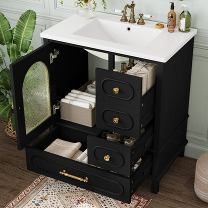 30' Bathroom Vanity with Sink, Free Standing Single Vanity Set with 3 Storage Drawers and Semi-transparent Cabinet Door, Wood Cabinet with Ceramic Basin for Bathroom,Black