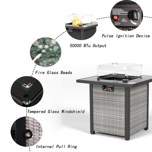 28 Inch Propane Fire Pit Table, Rattan & Wicker-Look, 50000 BTU Gas Firepits Tempered Glass Tabletop with Glass Windscreen Protector for Outside Patio and Garden(Grey+White) Livingsource