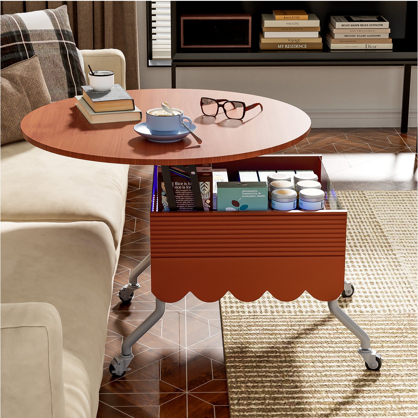 Round Lift-Top Coffee Table with Wheels, Metal Frame and Multi-Color Lighting in 27.6"