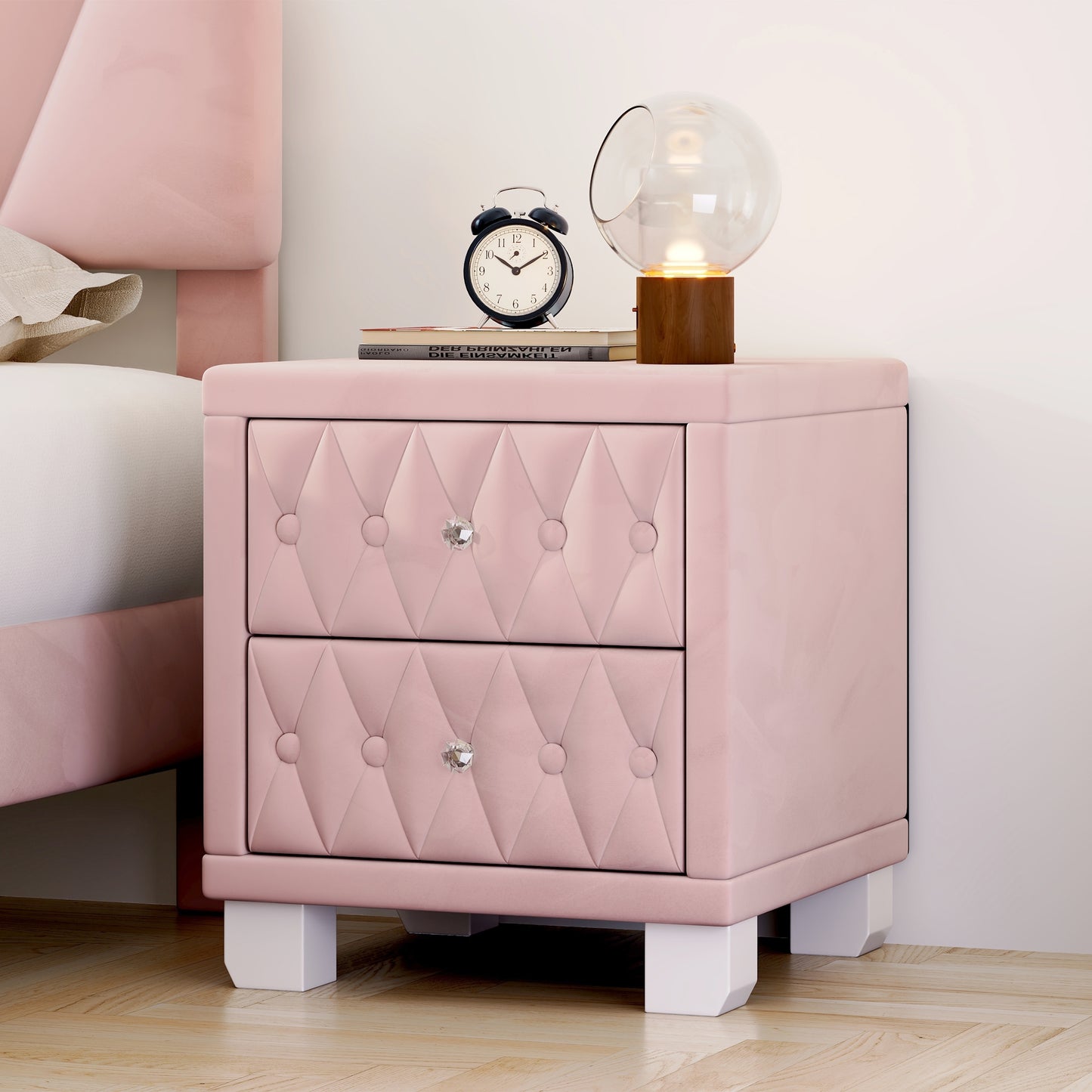 Elegant Velvet Nightstand with 2 Drawers and Crystal Handle, Storage Bedside Table with Button-Tufted, Pink