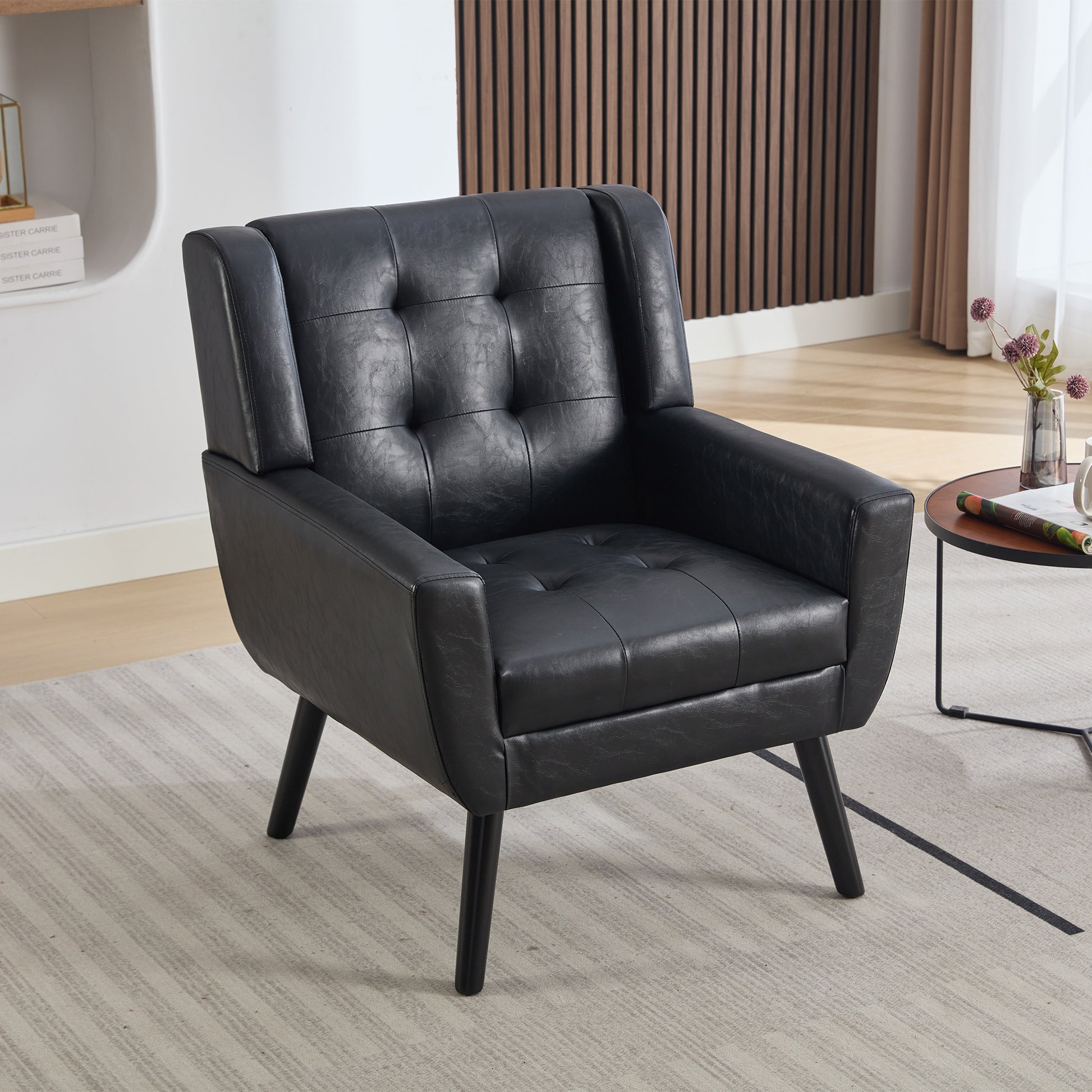 Modern Soft Leather Material Ergonomics Accent Chair Living Room Chair Bedroom Chair Home Chair With Black Legs For Indoor Home-Black PU SolidRoot Buy Furniture USA