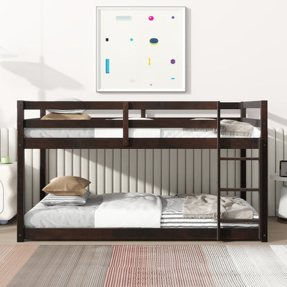 Solid Wooden , Solid Rubber Wooden Twin over Twin Floor Bunk Bed with Ladder ,Upper and Bottom Bed Platforms crafted with Strengthened Slats,Espresso SolidRoot Buy Furniture USA