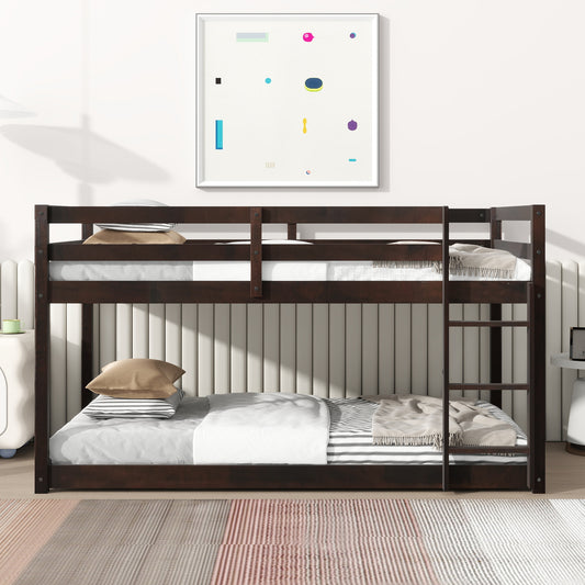 Solid Wooden , Solid Rubber Wooden Twin over Twin Floor Bunk Bed with Ladder ,Upper and Bottom Bed Platforms crafted with Strengthened Slats,Espresso SolidRoot Buy Furniture USA