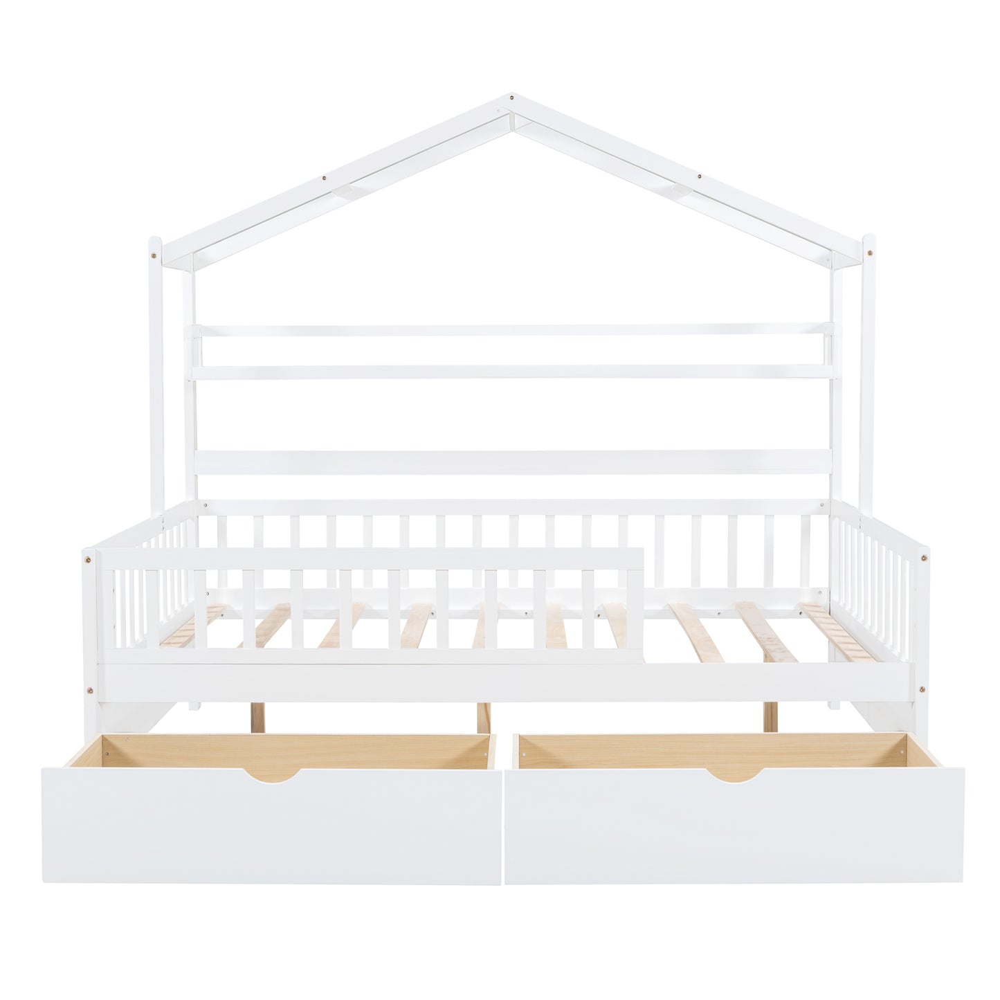 Wooden Full Size House Bed with 2 Drawers,Kids Bed with Storage Shelf, White