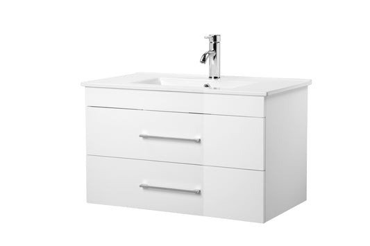 32-Inch White Gloss Wall-Mounted Bathroom Vanity with Double Drawers, Soft-Close System,Ceramic Sink, Create a Modern and Minimalist Bathroom Space!