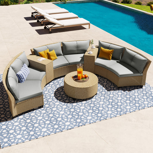 [VIDEO provided] U_Style 6 - Person Fan-shaped Rattan Suit Combination with Cushions and Table,Suitable for Garden - SolidRoot Buy Furniture USA