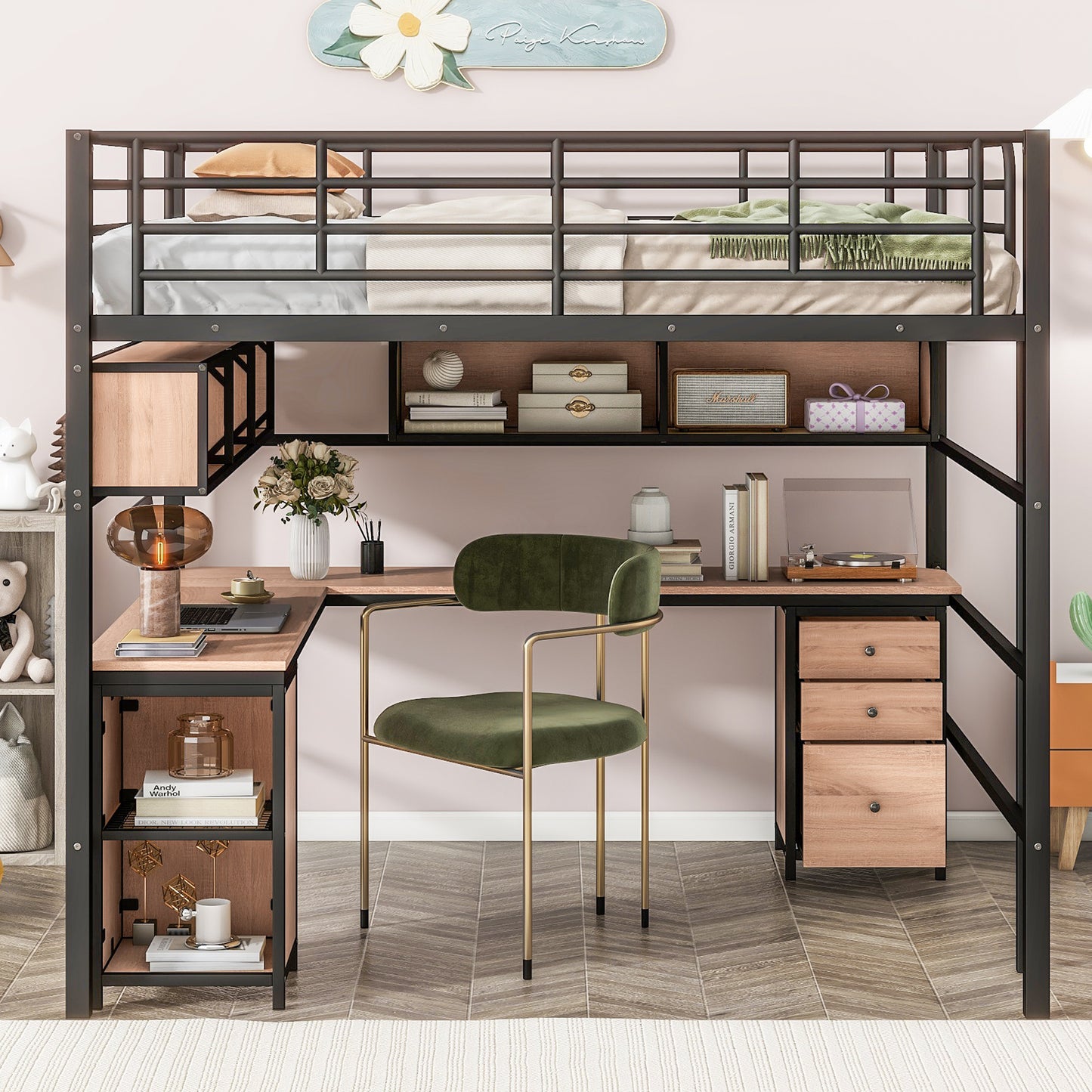 Metal Loft Bed with bookcase, desk and cabinet, Full, Black