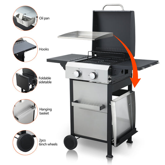 2-Burner Propane Gas BBQ Grill, SS Plancha, 24600BTU Output With Wire Enamel Cooking Grids For Outdoor Barbecue, Foldable Side Table, Hanging Basket, Stainless Steel Livingsource