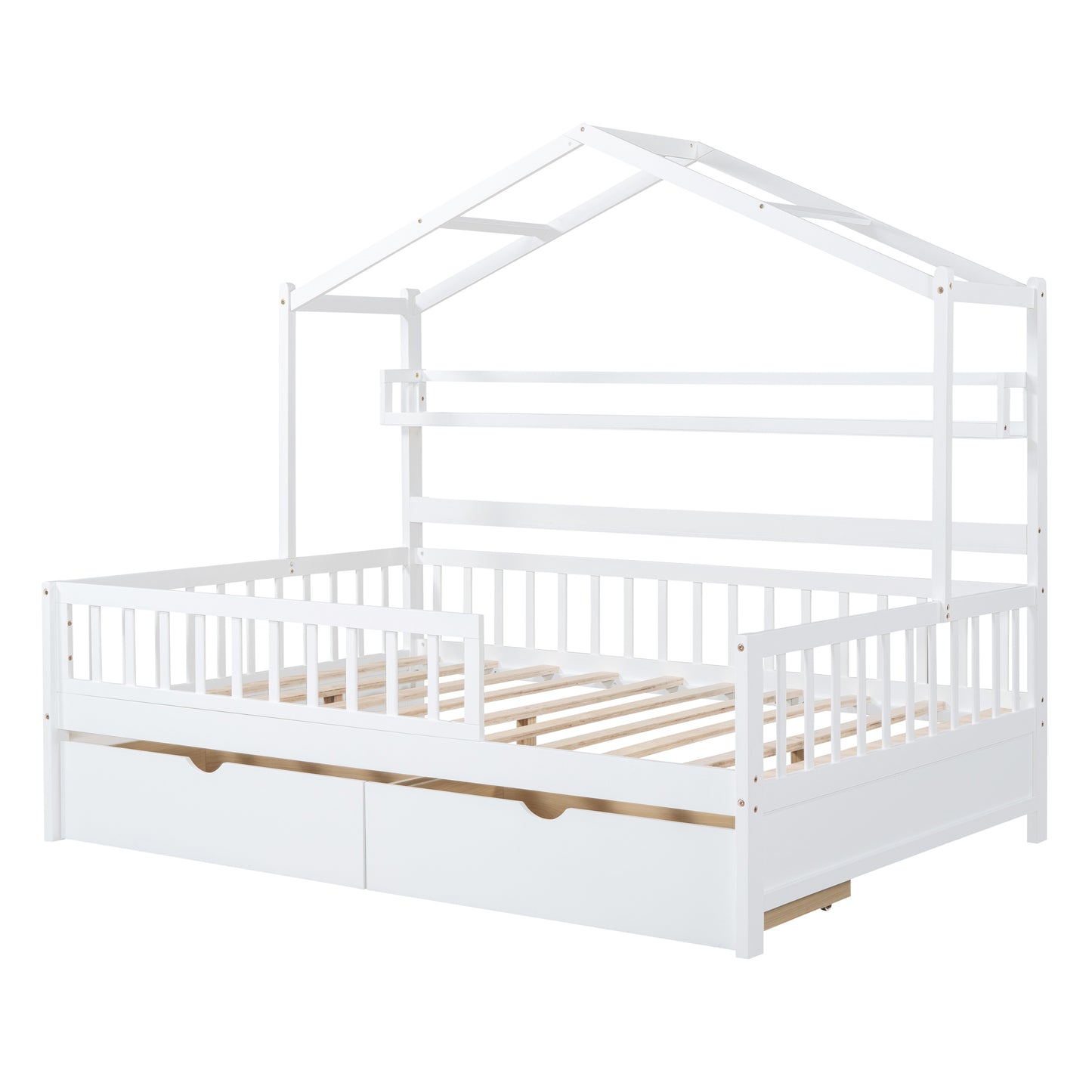 Wooden Full Size House Bed with 2 Drawers,Kids Bed with Storage Shelf, White