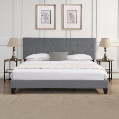 King Size Upholstered Platform Bed Frame with Button Tufted Linen Fabric Headboard, No Box Spring Needed, Wood Slat Support, Easy Assembly, Gray SolidRoot Buy Furniture USA