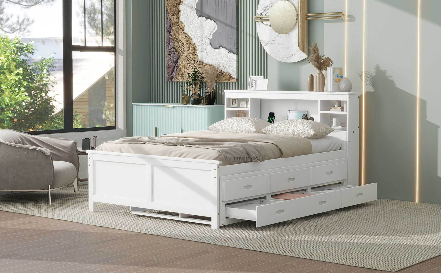 Full Size Platform Bed with Storage Headboard, USB, Twin Size Trundle and 3 Drawers, White