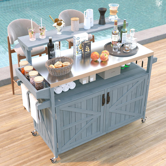 K&K 53.3' Outdoor Kitchen Island with Raised Shelf, Solid Wood Storage Cabinet with Stainless Steel Top, Outdoor Rolling Grill Cart with Internal Storage Rack, Adjustable Shelf, Spice Rack, Grey Blue SolidRoot Buy Furniture USA