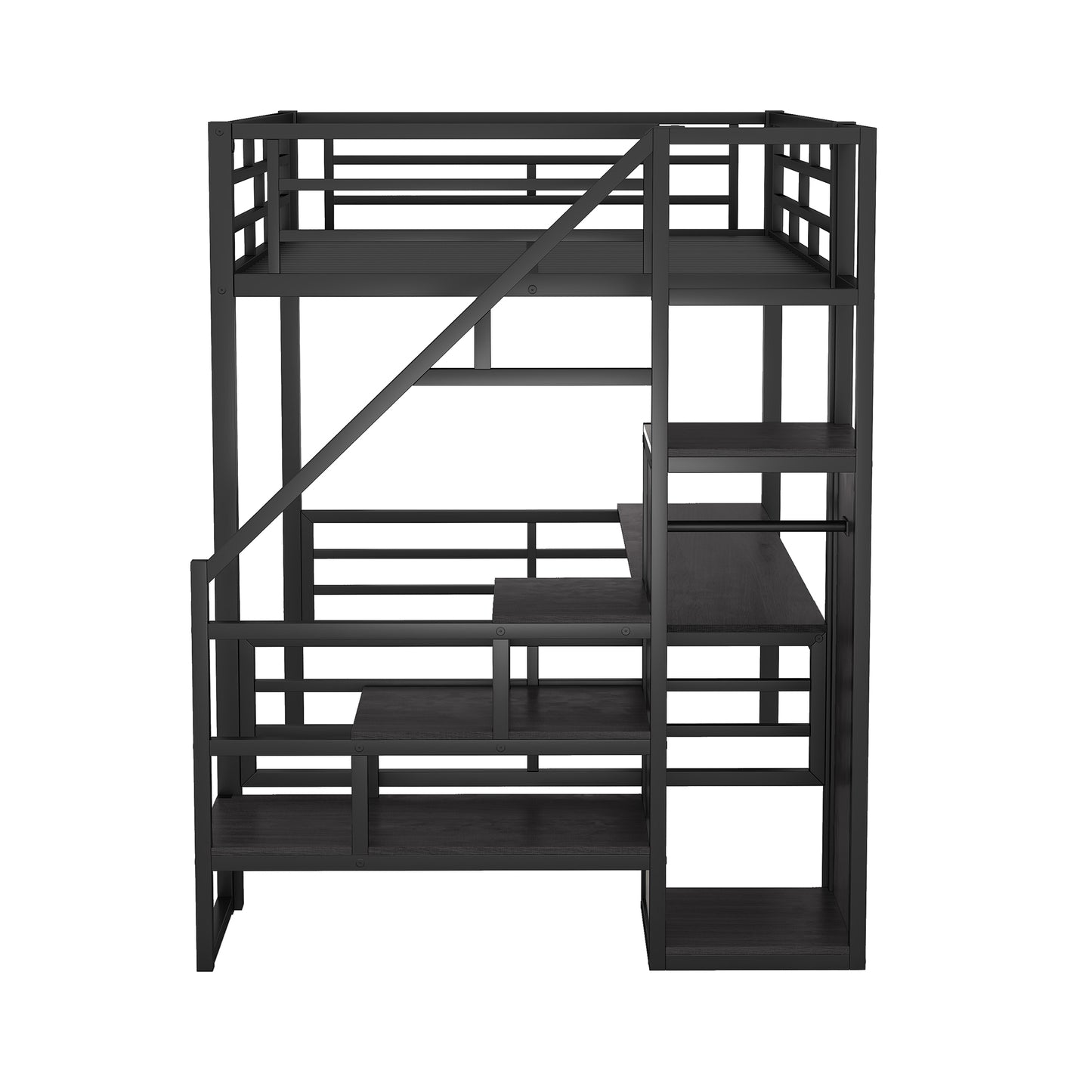 Full Size Metal Loft Bed with Desk, Storage Staircase and Small Wardrobe, Storage stairs can be installed left and right,Black