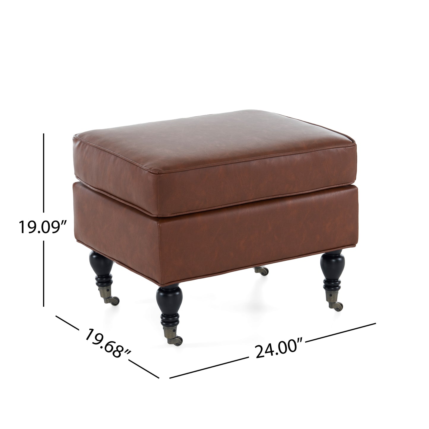 PU Leather Ottoman with Solid Wood Legs and Casters, Brown