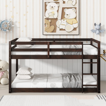 Solid Wooden, Solid Rubber Wooden Twin over Twin Floor Bunk Bed with Ladder, with Bed Platform of Strengthened Slats  , Espresso SolidRoot Buy Furniture USA