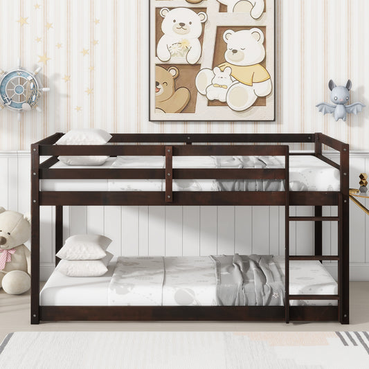 Solid Wooden, Solid Rubber Wooden Twin over Twin Floor Bunk Bed with Ladder, with Bed Platform of Strengthened Slats  , Espresso SolidRoot Buy Furniture USA