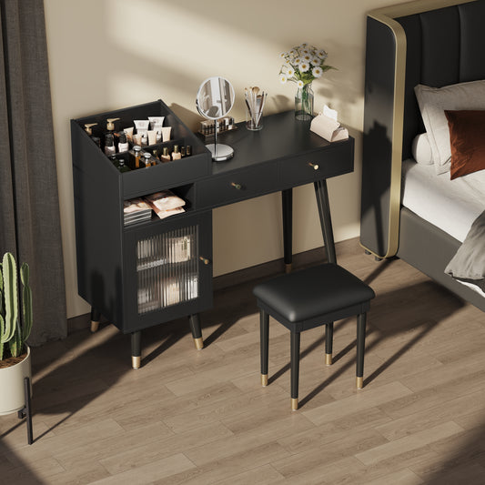 Modern Makeup Vanity Desk with Drawers, Cabinet & Charging Port, Space-saving Dressing Table Set with Stool for Small Places, Black SolidRoot Buy Furniture USA