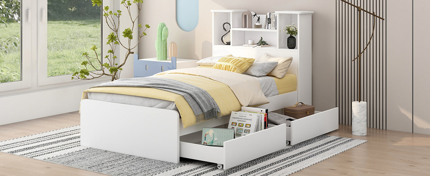 Twin Size Storage Platform Bed Frame with 4 Open Storage Shelves and 2 Storage Drawers,LED Light,White