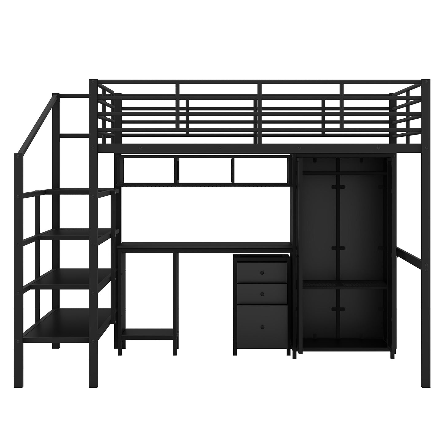 Metal Loft Bed With table set and wardrobe, Full, Black