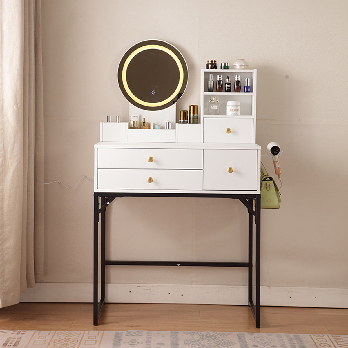 Vanity Desk with Lighted Mirror & Power Outlet, Makeup Vanity Desk with Drawers and Cabinet, Sturdy Iron Bracket, Make up Vanity Table for Bedroom, White