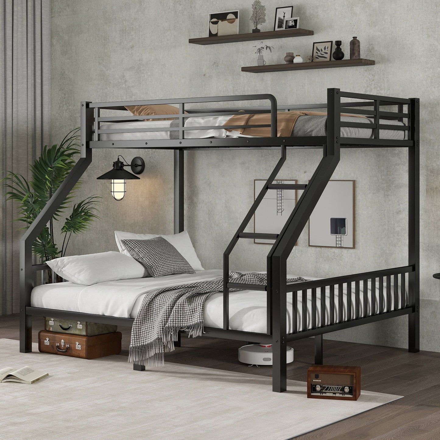 Twin XL Over Queen Metal Bunk Bed with Ladder and Slats Support for Adults Teens, Black, (Old SKU W2580S00003) SolidRoot Buy Furniture USA