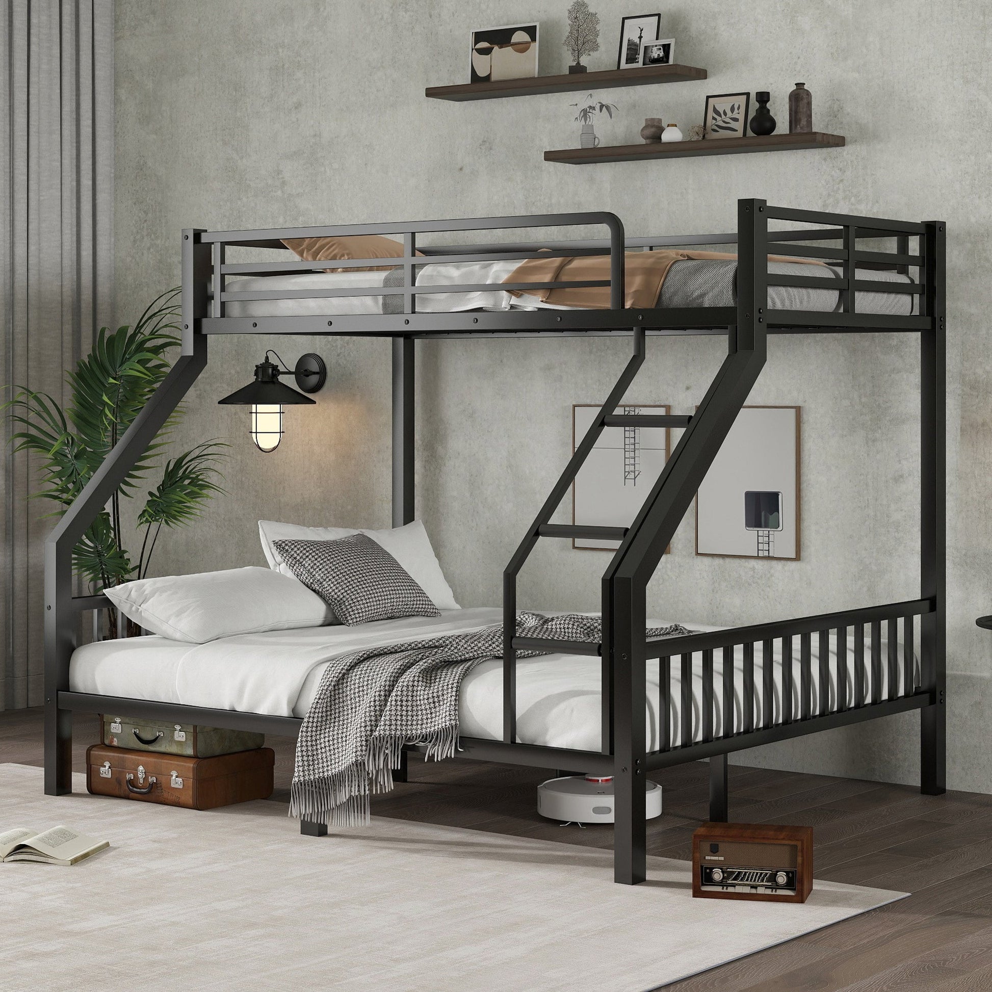 Twin XL Over Queen Metal Bunk Bed with Ladder and Slats Support for Adults Teens, Black, (Old SKU W2580S00003) SolidRoot Buy Furniture USA