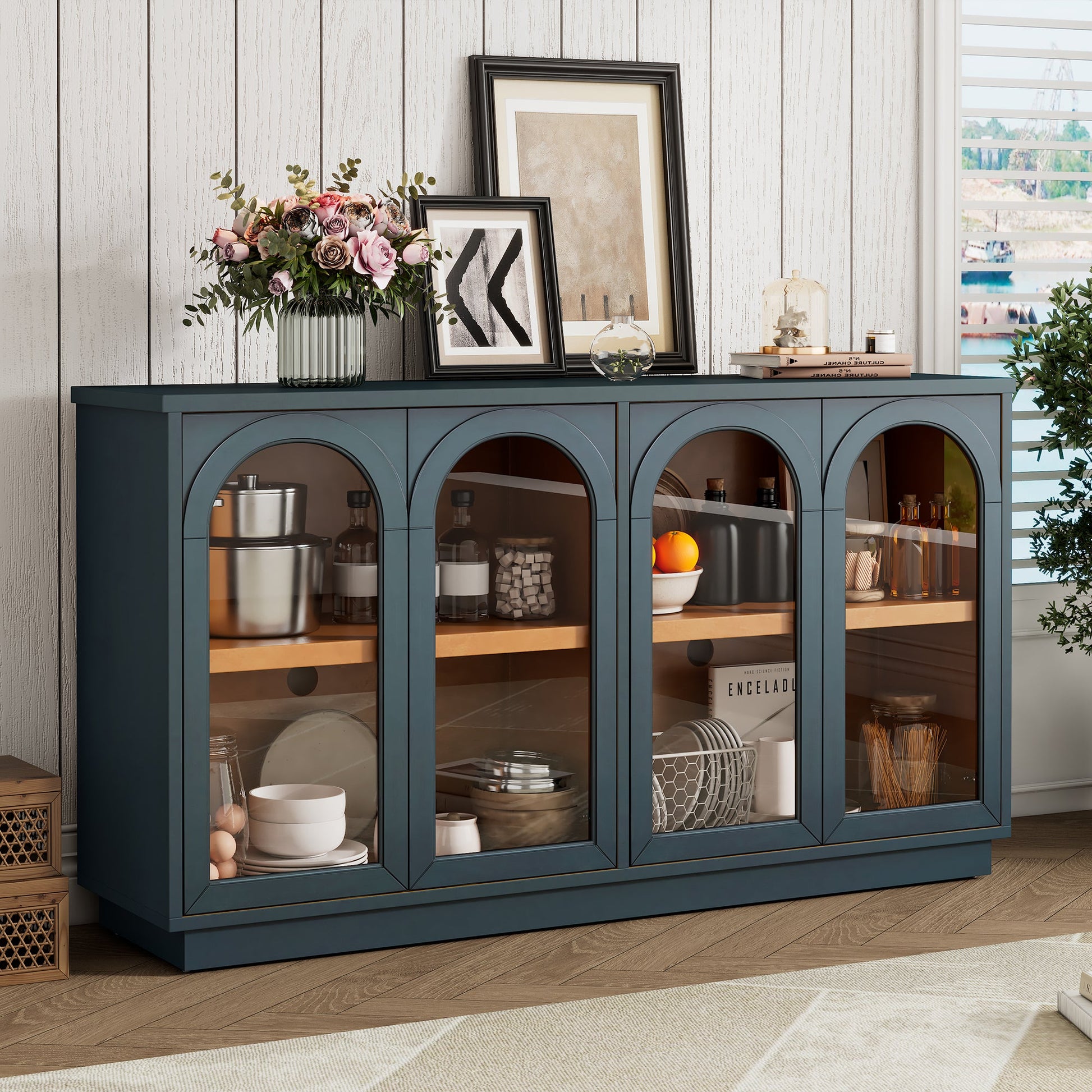 TREXM 4-Door Large Storage Buffet Cabinet with Glass Doors, Arched Cabinet with Adjustable Shelves for Kitchen, Dining Room and Living Room (Navy) SolidRoot Buy Furniture USA