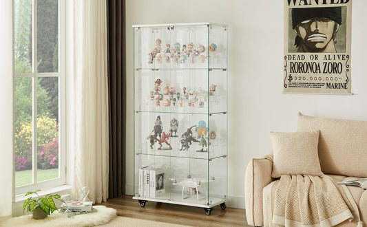 4 Tier Glass Display Cabinet, Double Door Glass Cabinet with Two Locks, Floor Standing Storage Cabinet with 6 Acrylic Shelves for Living Room, Bedroom and Office, White, 31.5"L x 14.2"W x 65.1"H Livingsource