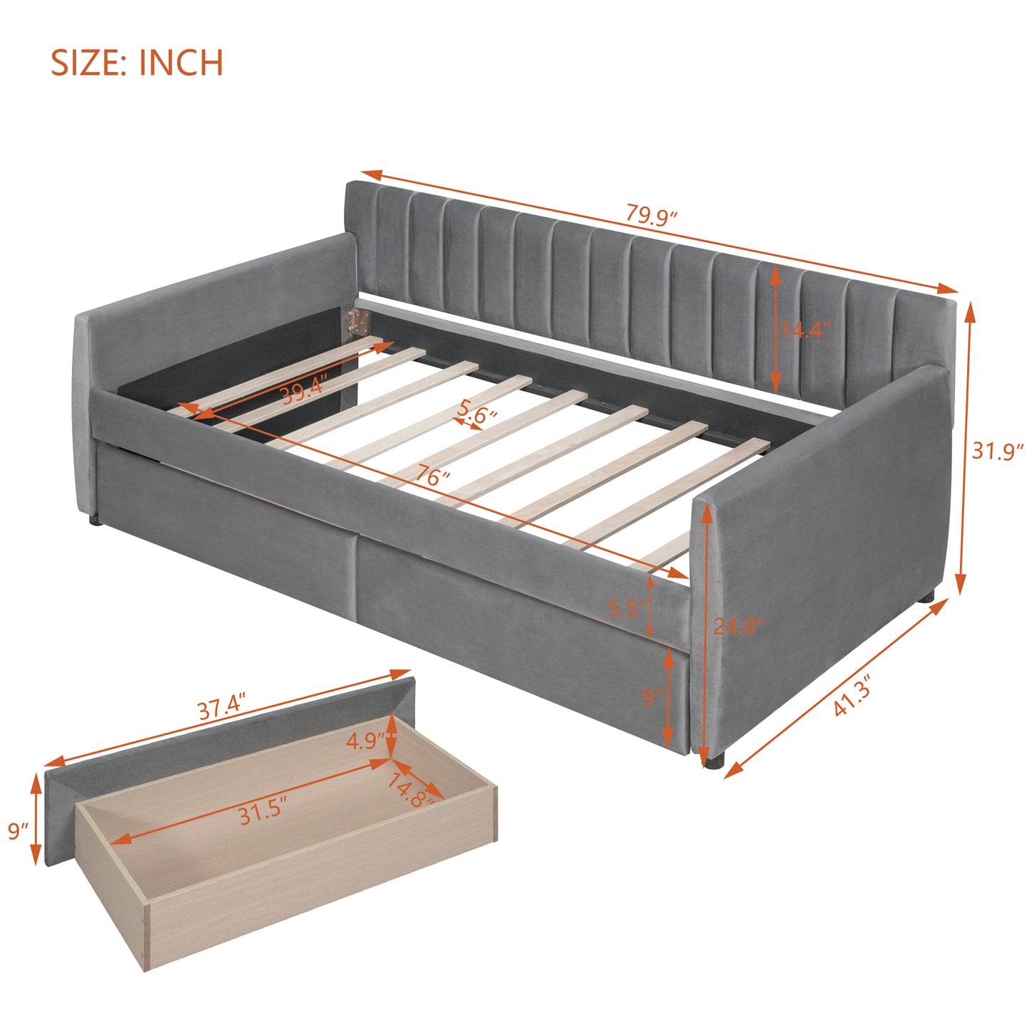 Twin Size Upholstered daybed with Drawers, Wood Slat Support, Gray